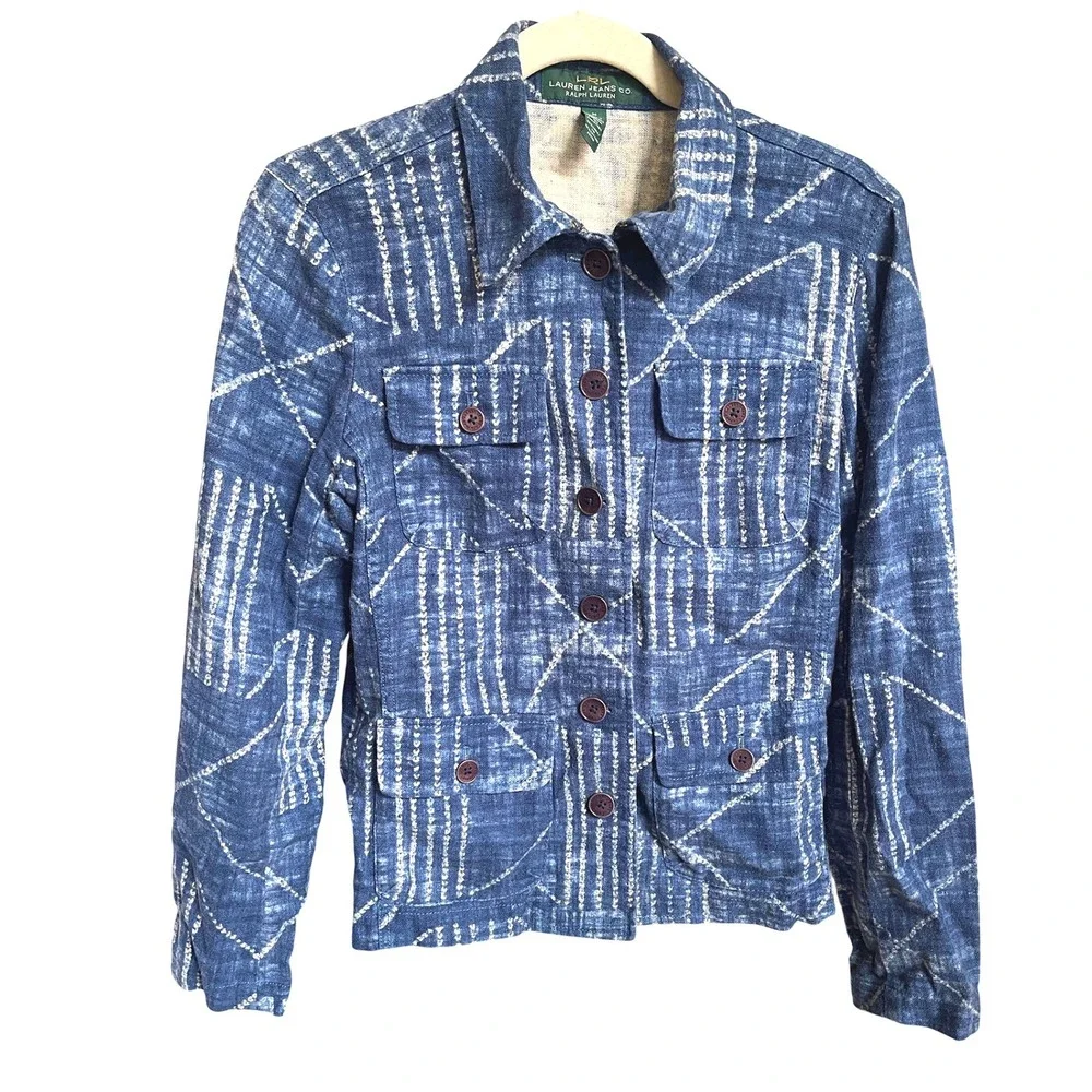 Vintage Y2K Ralph Lauren‎ Indigo Shibori Dyed Linen Cotton Batik Style Jacket M - Picture 2 of 9